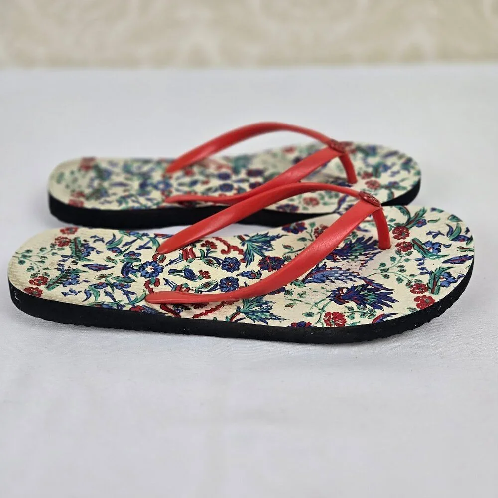 Tory Burch Size 8.5 Red Thong Flip Flop Sandals Floral Footbed Rubber